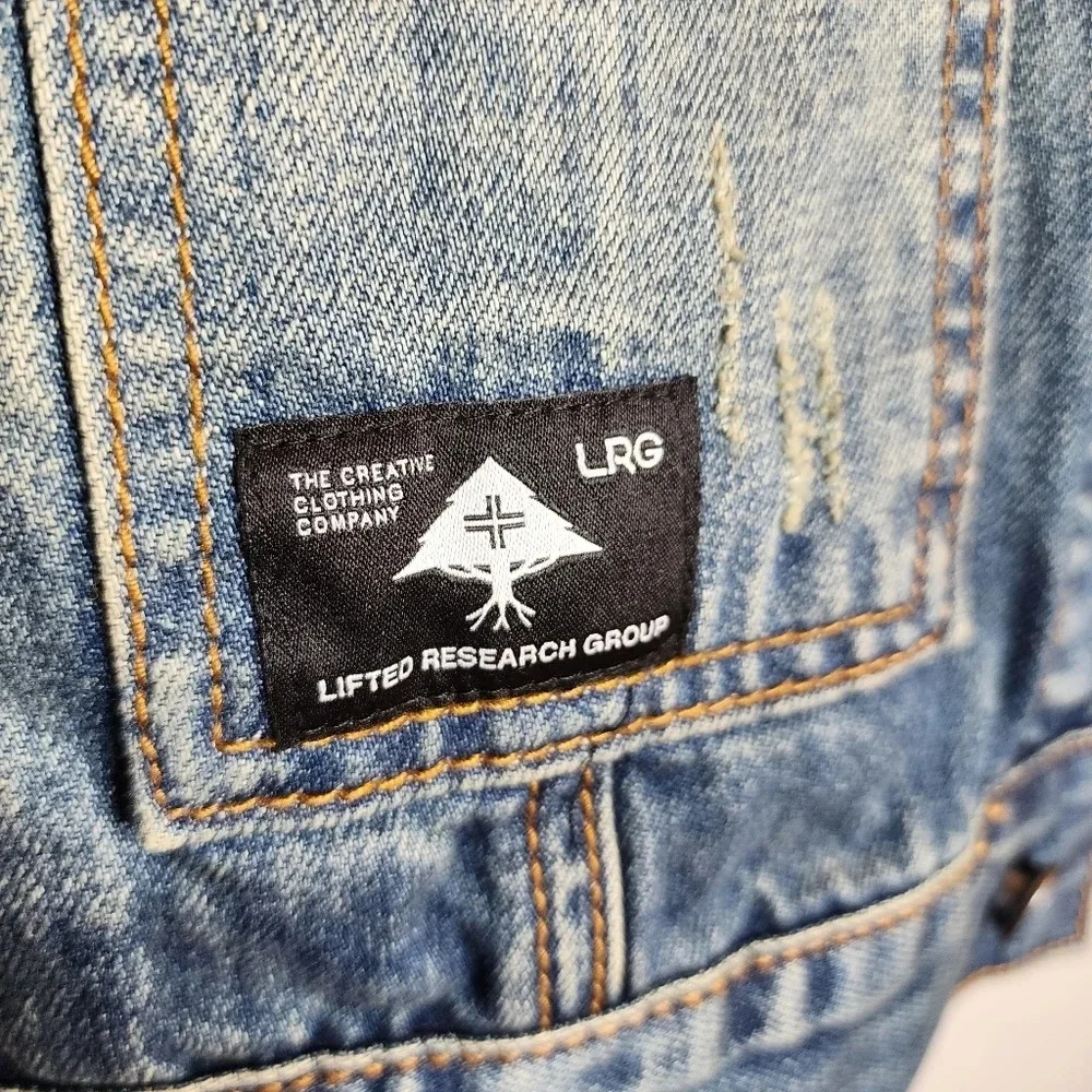 LRG Lifted Research Group Denim Distressed Hooded‎ Jacket.  Men's size small.